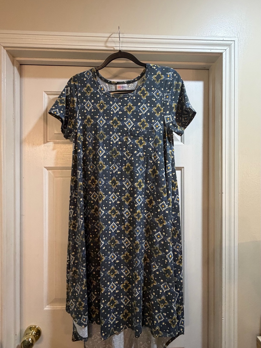 LuLaRoe Short-Sleeve Patterned Swing Dress in Blue and Olive Size S